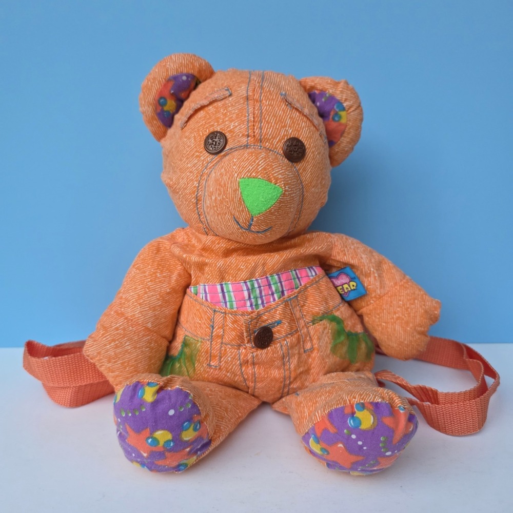 Doodle Bear Backpack Purse Vintage 1995 Orange Neon 90s Retro Kidcore Kawaii